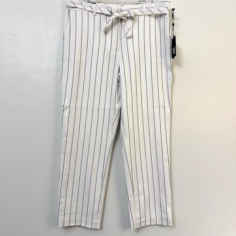 NWT DKNY The Essex Ankle Pants Belted Slim Leg Pinstripes Black White 12